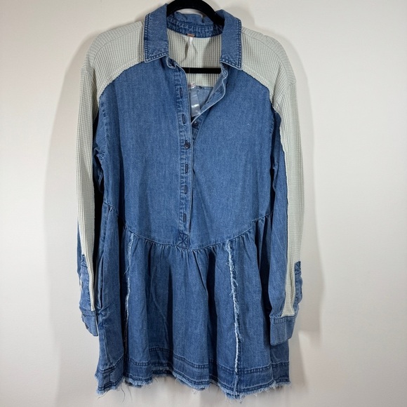 Free People Jean Tunic Dress Blue Beige Button Front Mixed Fabric Size XS - Picture 3 of 16
